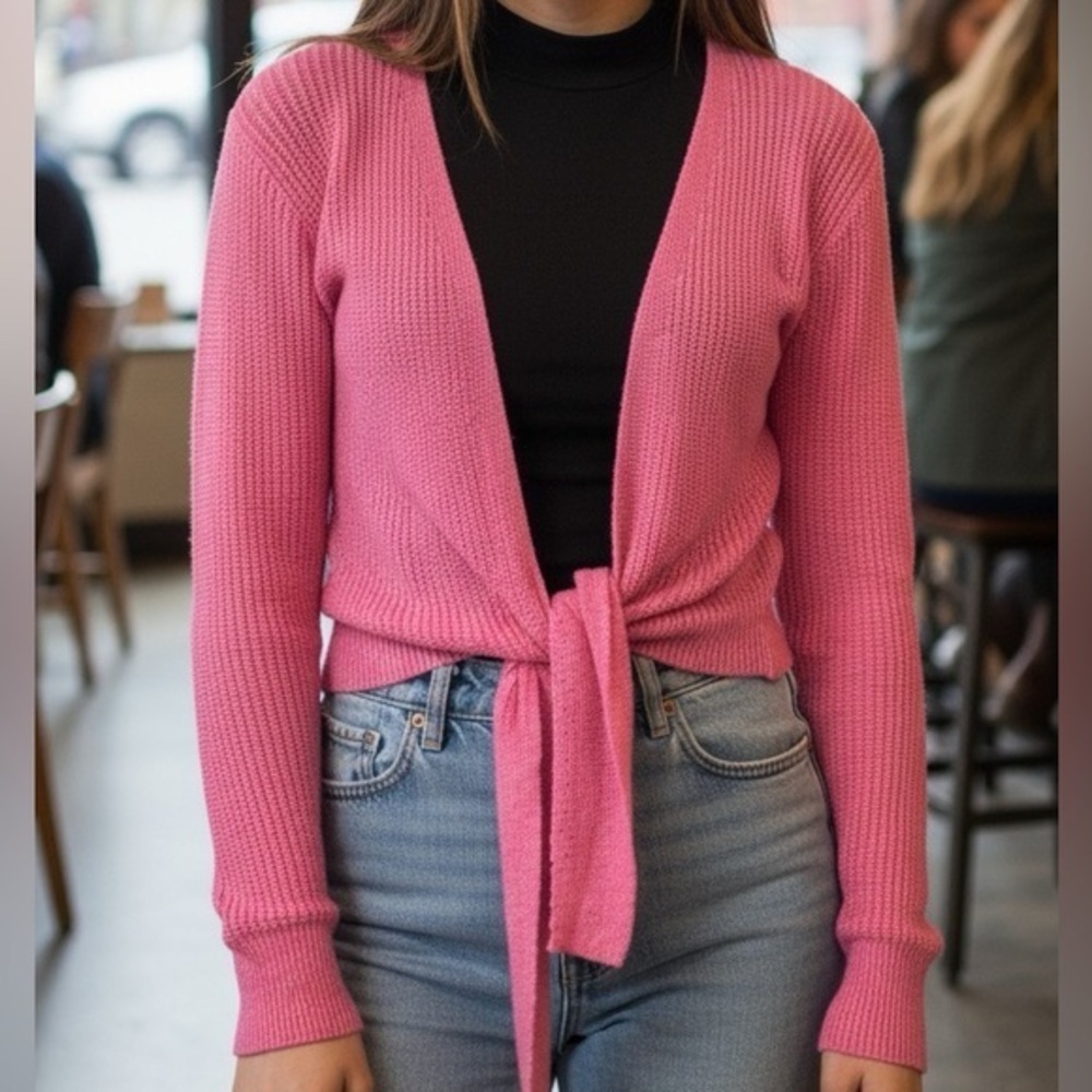 Hyped Unicorn Pink Front Tie Knot Long Sleeve Knit Cropped Cardigan Size S/M NWT